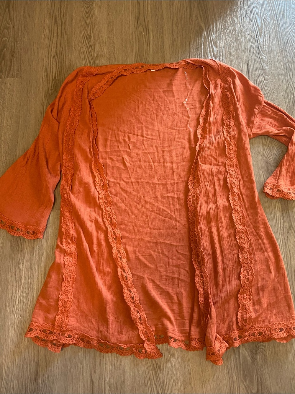Socialite Rust Orange Lace-Trim Open Cardigan